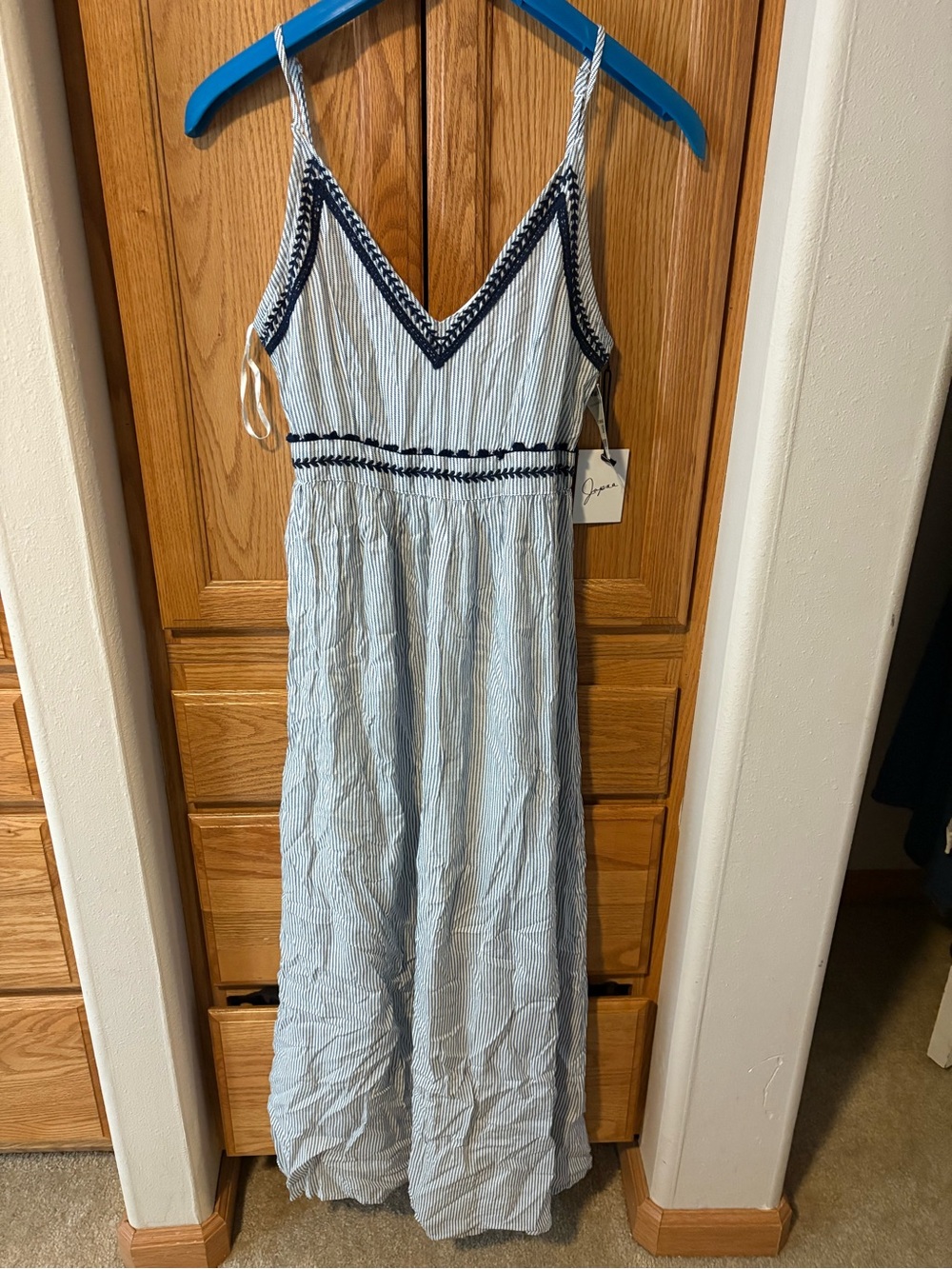 Light Blue Striped Maxi Dress with Navy Trim